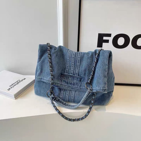 Casual Denim Bag with Metal Chain